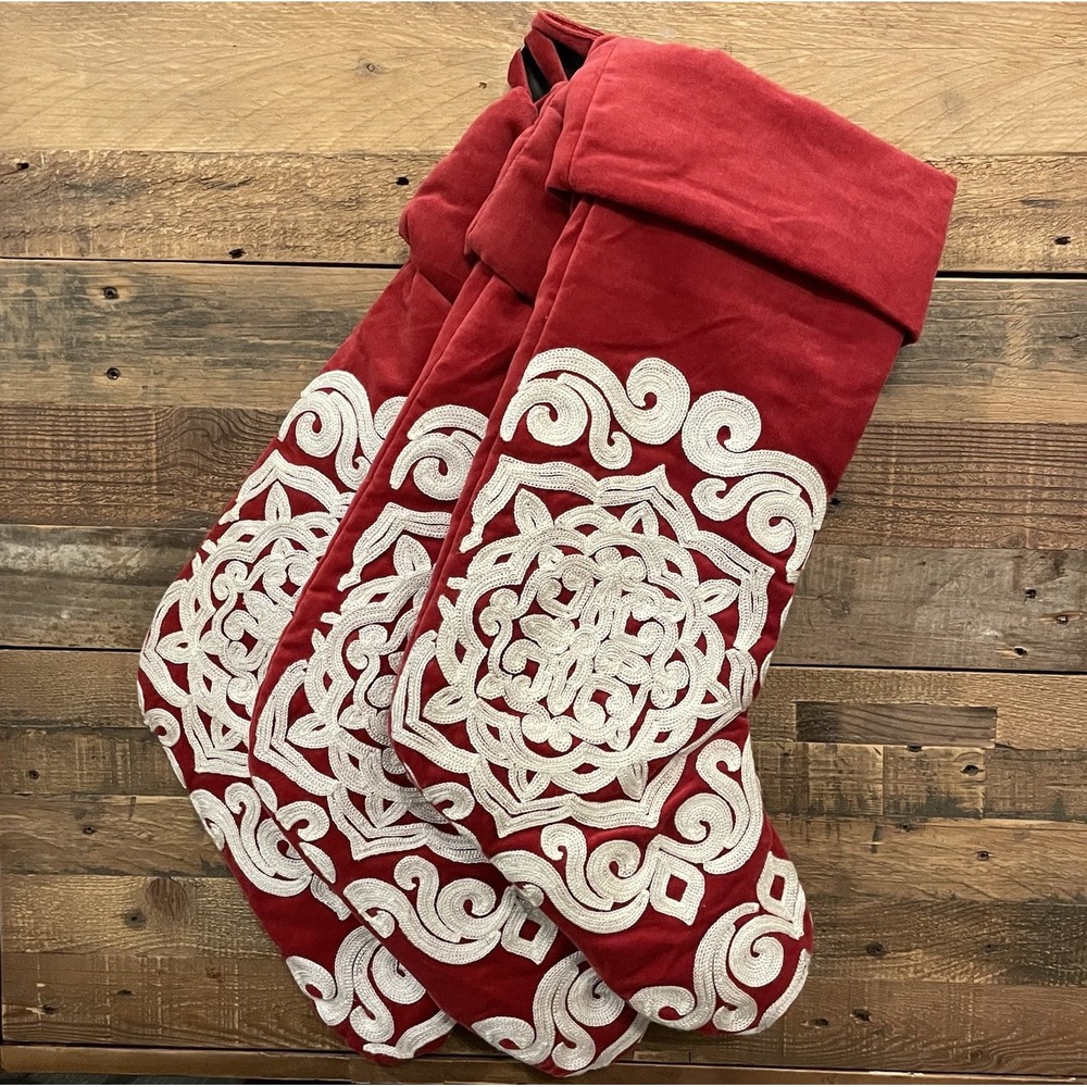 Rare 3 POTTERY BARN Red Velvet White Snowflake Crewel Stitch Christmas Stockings